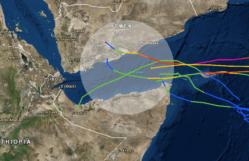 The tracks of the only cyclones and tropical storms on record to approach or enter the Gulf of Aden.